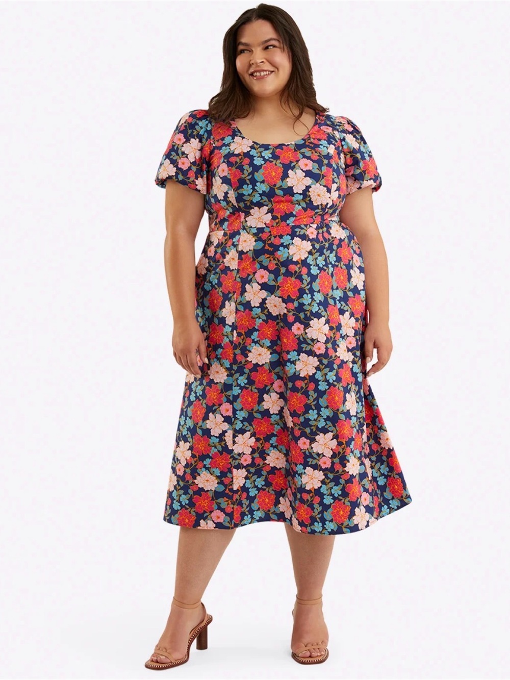 Draper James Navy Floral Midi Dress with Puff Sleeves